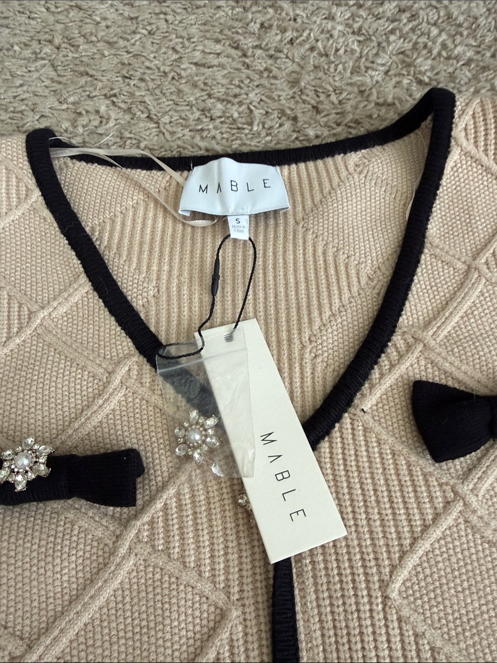 Beige Knit Mini Skirt Set with Black Trim and Embellished Bows *SmTop, Med Skirt - Picture 2 of 3